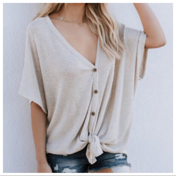 Short Sleeve Button Down Waffle Thermal - Oatmeal - Picture 2 of 2